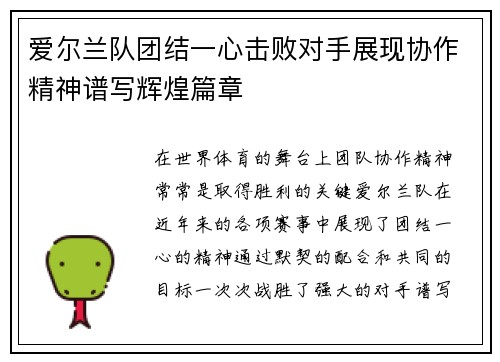 爱尔兰队团结一心击败对手展现协作精神谱写辉煌篇章