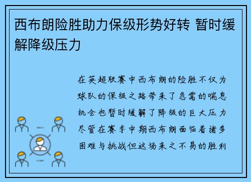 西布朗险胜助力保级形势好转 暂时缓解降级压力