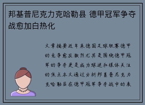 邦基普尼克力克哈勒县 德甲冠军争夺战愈加白热化