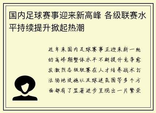 国内足球赛事迎来新高峰 各级联赛水平持续提升掀起热潮
