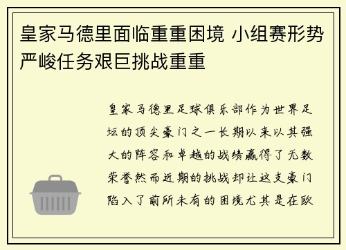皇家马德里面临重重困境 小组赛形势严峻任务艰巨挑战重重