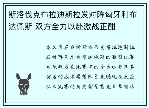 斯洛伐克布拉迪斯拉发对阵匈牙利布达佩斯 双方全力以赴激战正酣