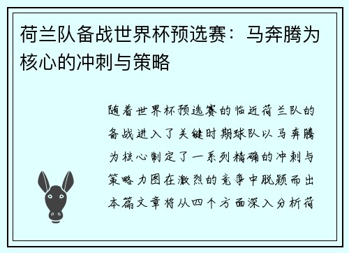荷兰队备战世界杯预选赛：马奔腾为核心的冲刺与策略