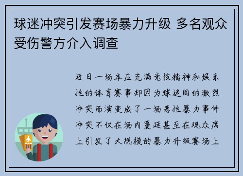 球迷冲突引发赛场暴力升级 多名观众受伤警方介入调查