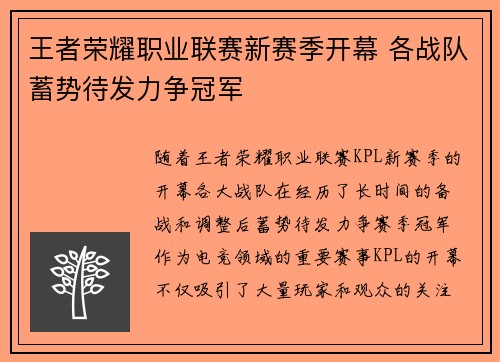 王者荣耀职业联赛新赛季开幕 各战队蓄势待发力争冠军