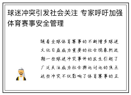球迷冲突引发社会关注 专家呼吁加强体育赛事安全管理