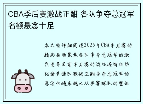 CBA季后赛激战正酣 各队争夺总冠军名额悬念十足